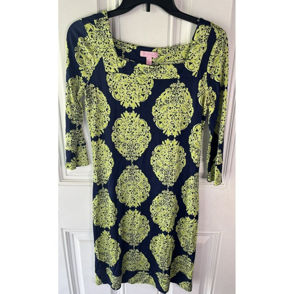 Lilly Pulitzer 100% Silk Womens Midi Dress 2 Navy Blue Green Resort Medallion - Picture 2 of 6